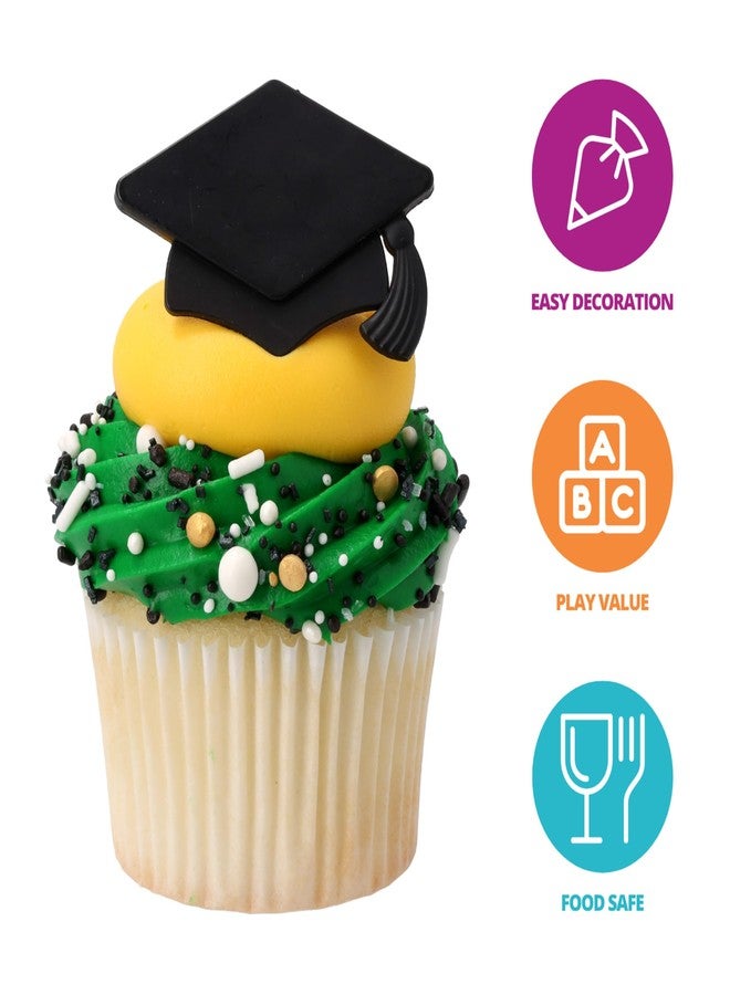 DecoPac Grad Hat Cupcake Toppers, 24 Graduation Cake Decorations, Black Grad Hat Rings, Food Safe Cake Decorations - 24 Pack - Image 2