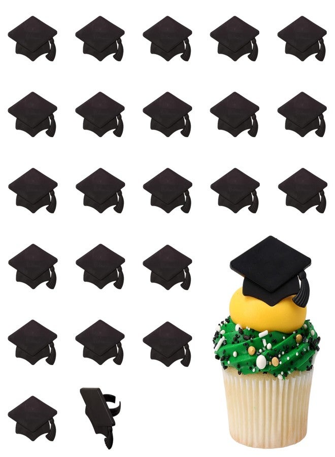 DecoPac Grad Hat Cupcake Toppers, 24 Graduation Cake Decorations, Black Grad Hat Rings, Food Safe Cake Decorations - 24 Pack - Image 1