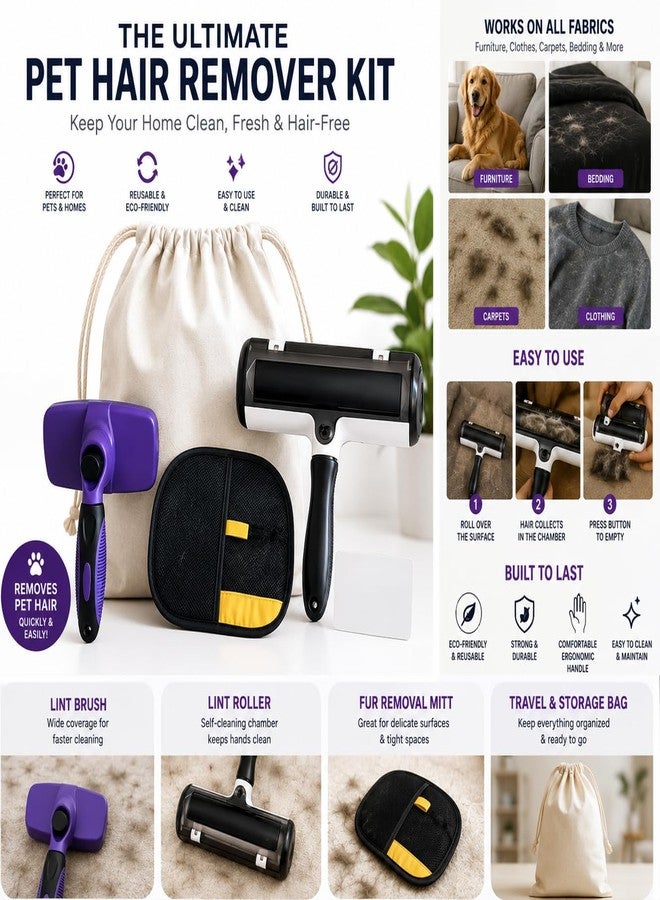 Pet Hair Remover Kit for Dogs & Cats - Reusable Lint Roller + Grooming Glove - Deshedding Tool for Furniture, Carpet & Clothes - Image 2