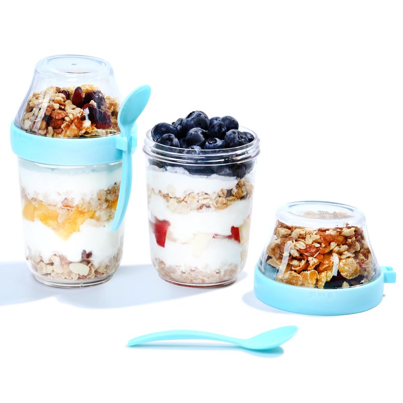 Felli On the Go Yogurt Parfait Snack Cup 12 oz Reusable Leak Proof Travel Spoon Topping Holder for Fruit Cereal Milk To Go Lunch Healthy Portion Control Overnight Oats Container Clear 2 Blue