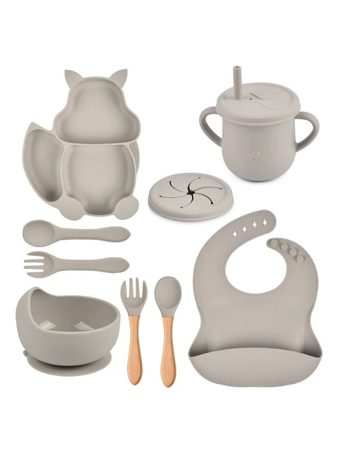 8 Pcs Baby Feeding Set, Food-grade Silicone Baby Tableware Set, Squirrel Baby Cutlery and Plates Set, Non-Slip Infant Dinnerware Set, Baby Self Feeding Utensils