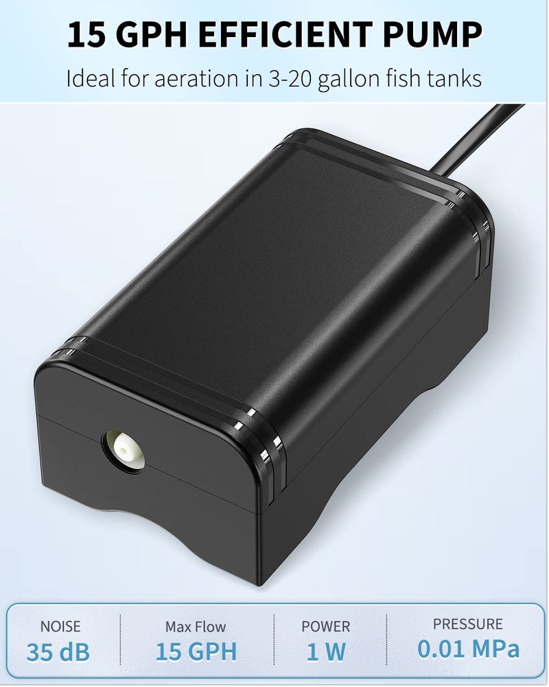 Pawfly Mini Aquarium Air Pump 15 GPH Quiet Oxygen Aerator Pump with Bracket Airline Tubing Bio Sponge Filter Air Stone Control Valve and Check Valve for 3-20 Gallon Nano Fish Tanks and Buckets - Image 2