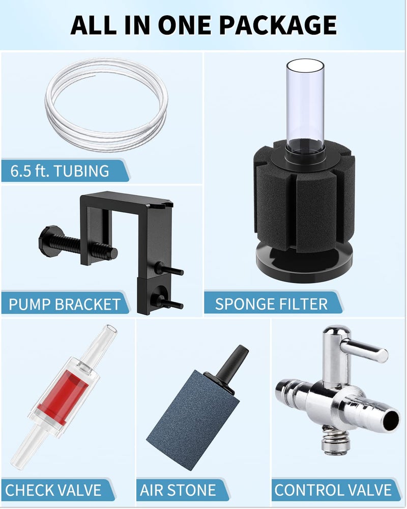 Pawfly Mini Aquarium Air Pump 15 GPH Quiet Oxygen Aerator Pump with Bracket Airline Tubing Bio Sponge Filter Air Stone Control Valve and Check Valve for 3-20 Gallon Nano Fish Tanks and Buckets - Image 4