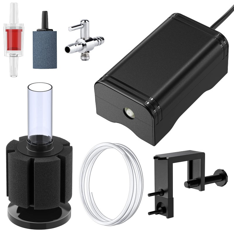 Pawfly Mini Aquarium Air Pump 15 GPH Quiet Oxygen Aerator Pump with Bracket Airline Tubing Bio Sponge Filter Air Stone Control Valve and Check Valve for 3-20 Gallon Nano Fish Tanks and Buckets - Image 1