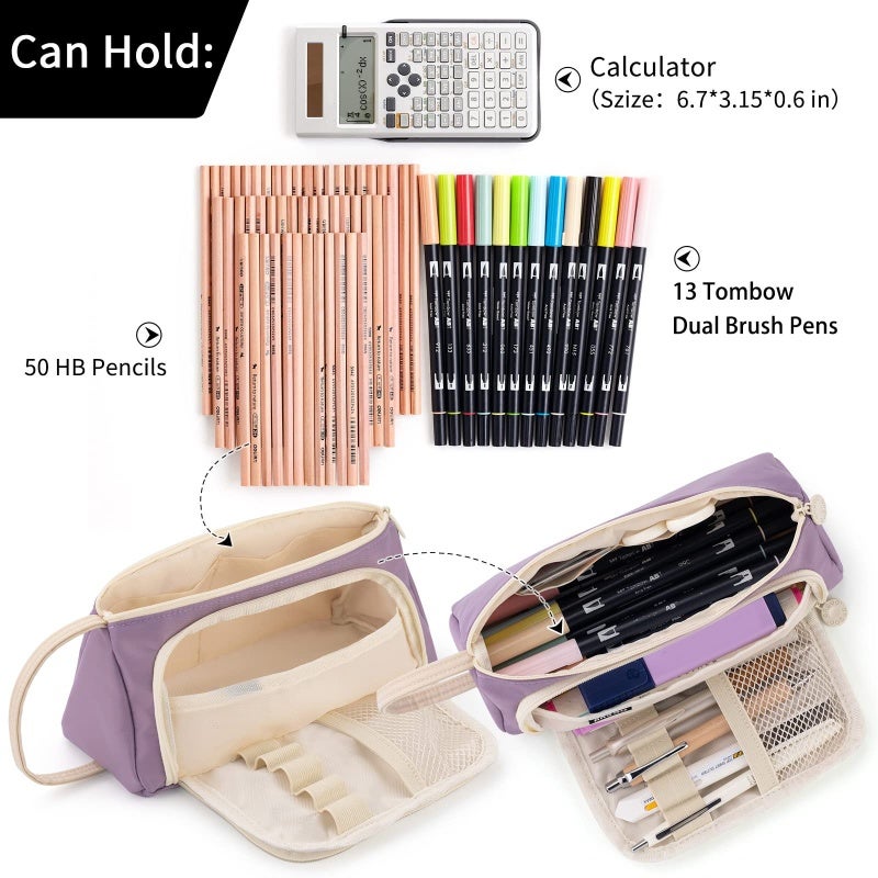 Pencil Case Large Capacity Up to 50 Pens with Durable Polyester Fabric Smooth Zipper - Multi-Function Pencil Case for School Supplies Travel Case Makeup Bag with Hand-Held Band, Purple - Image 3