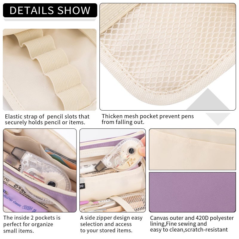 Pencil Case Large Capacity Up to 50 Pens with Durable Polyester Fabric Smooth Zipper - Multi-Function Pencil Case for School Supplies Travel Case Makeup Bag with Hand-Held Band, Purple - Image 2