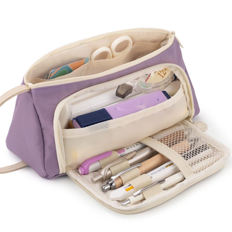 Pencil Case Large Capacity Up to 50 Pens with Durable Polyester Fabric Smooth Zipper - Multi-Function Pencil Case for School Supplies Travel Case Makeup Bag with Hand-Held Band, Purple - Image 1