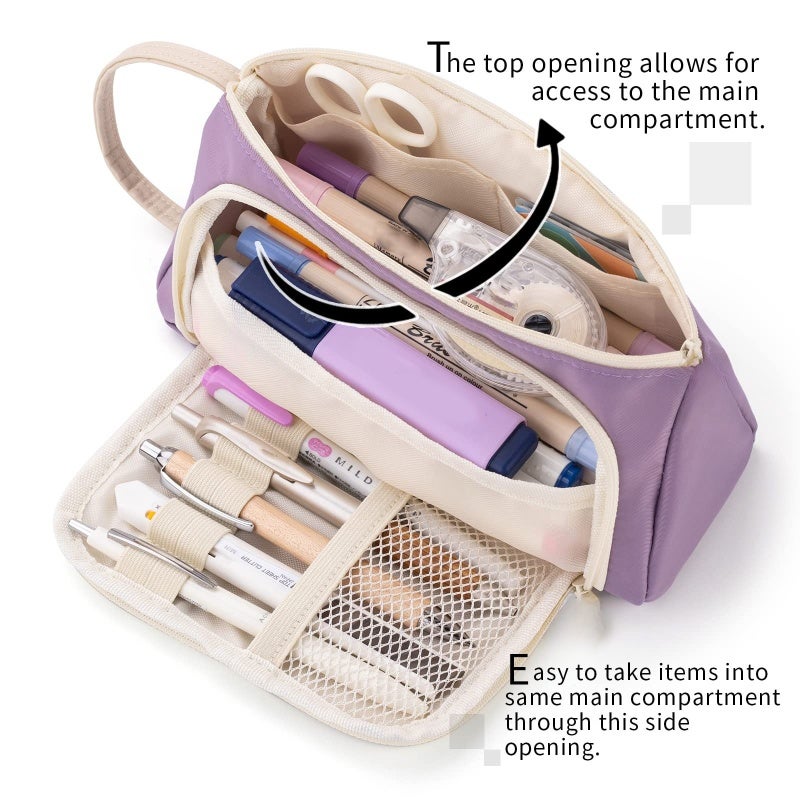 Pencil Case Large Capacity Up to 50 Pens with Durable Polyester Fabric Smooth Zipper - Multi-Function Pencil Case for School Supplies Travel Case Makeup Bag with Hand-Held Band, Purple - Image 4