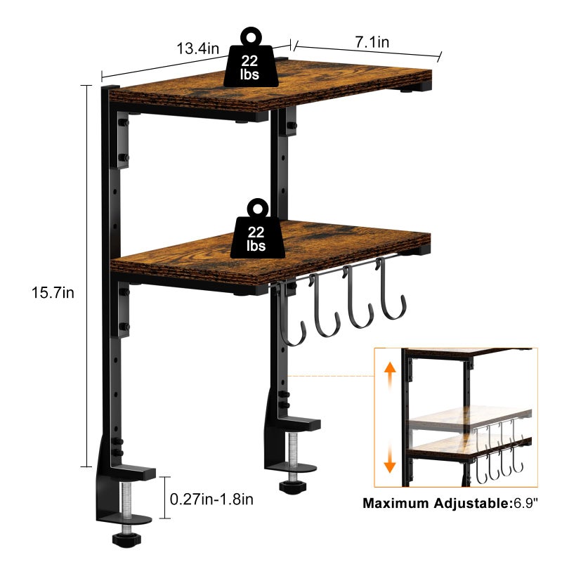 AUATRONNE Clamp-on Desk Shelf, 13 inch Above or Below Desk 2-Tier Shelving, Adjustable Metal Storage Tray for Gaming Devices or Office Desk Accessories and More, Brown, Patent Pending - Image 2