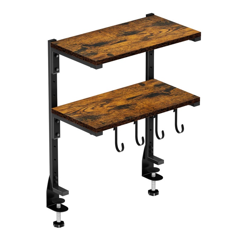 AUATRONNE Clamp-on Desk Shelf, 13 inch Above or Below Desk 2-Tier Shelving, Adjustable Metal Storage Tray for Gaming Devices or Office Desk Accessories and More, Brown, Patent Pending - Image 1
