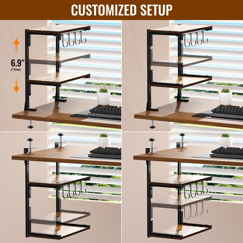 AUATRONNE Clamp-on Desk Shelf, 13 inch Above or Below Desk 2-Tier Shelving, Adjustable Metal Storage Tray for Gaming Devices or Office Desk Accessories and More, Brown, Patent Pending - Image 3