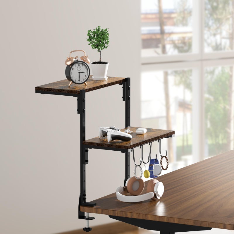 AUATRONNE Clamp-on Desk Shelf, 13 inch Above or Below Desk 2-Tier Shelving, Adjustable Metal Storage Tray for Gaming Devices or Office Desk Accessories and More, Brown, Patent Pending - Image 5