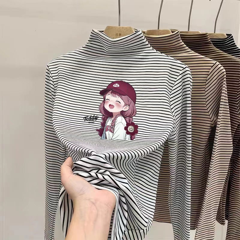 Boys And Girls Fleece Striped T-Shirt Base Shirt Half High Neck Warm Casual Simple All-Match Children'S T-Shirt - Image 1