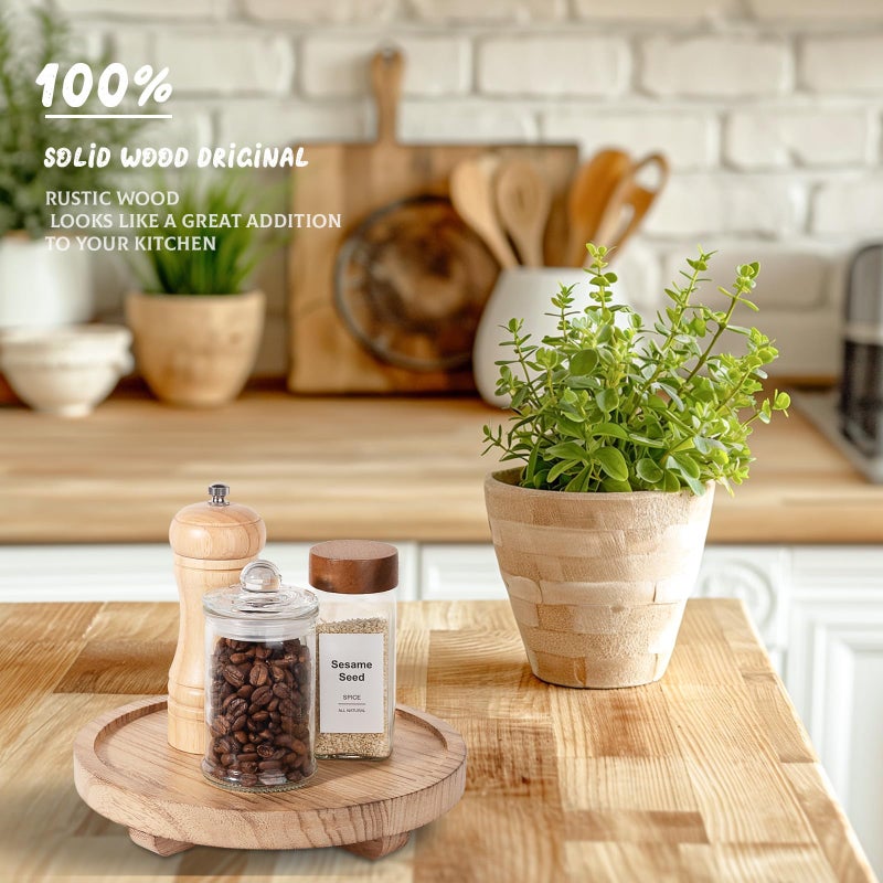 zoocatia Round Decorative Tray Wood Bathroom Counter Organizer Farmhouse Kitchen Decor Wooden Riser for Soap Dish, Perfume, Candle, Sponge, 8" - Brown - Image 3