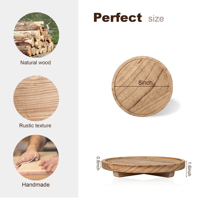 zoocatia Round Decorative Tray Wood Bathroom Counter Organizer Farmhouse Kitchen Decor Wooden Riser for Soap Dish, Perfume, Candle, Sponge, 8" - Brown - Image 5