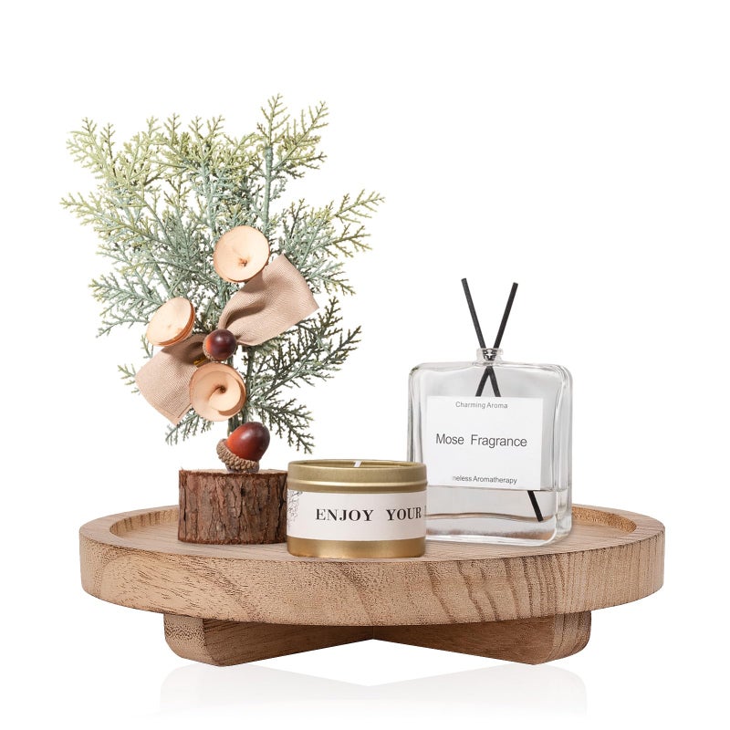 zoocatia Round Decorative Tray Wood Bathroom Counter Organizer Farmhouse Kitchen Decor Wooden Riser for Soap Dish, Perfume, Candle, Sponge, 8" - Brown - Image 1