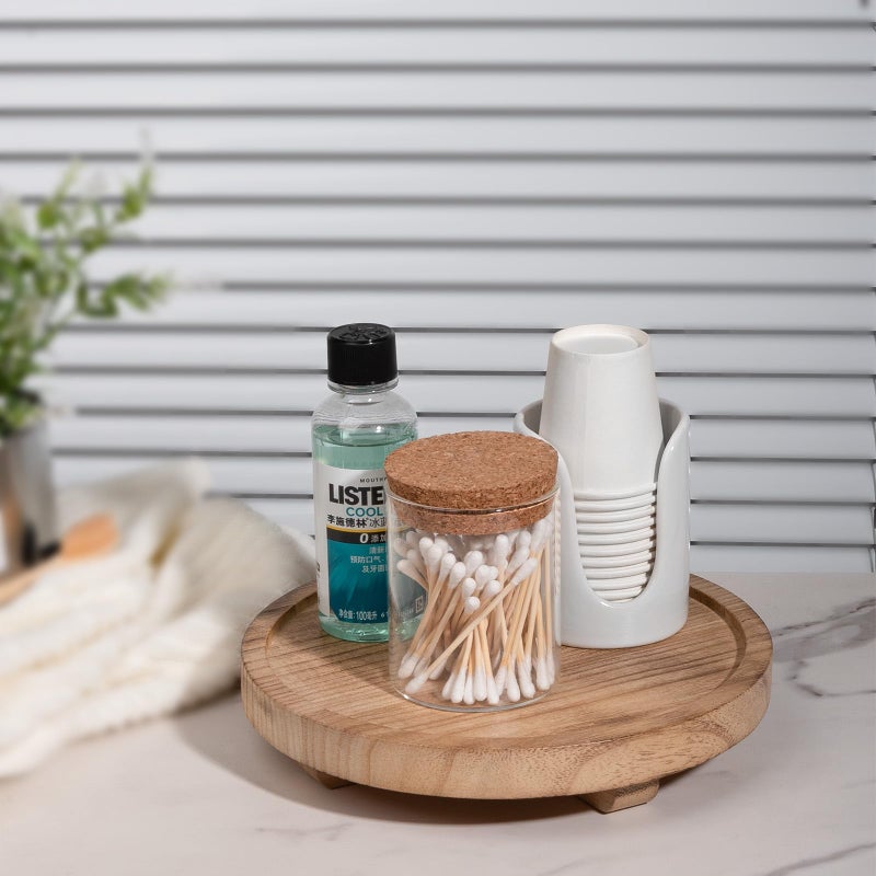 zoocatia Round Decorative Tray Wood Bathroom Counter Organizer Farmhouse Kitchen Decor Wooden Riser for Soap Dish, Perfume, Candle, Sponge, 8" - Brown - Image 2