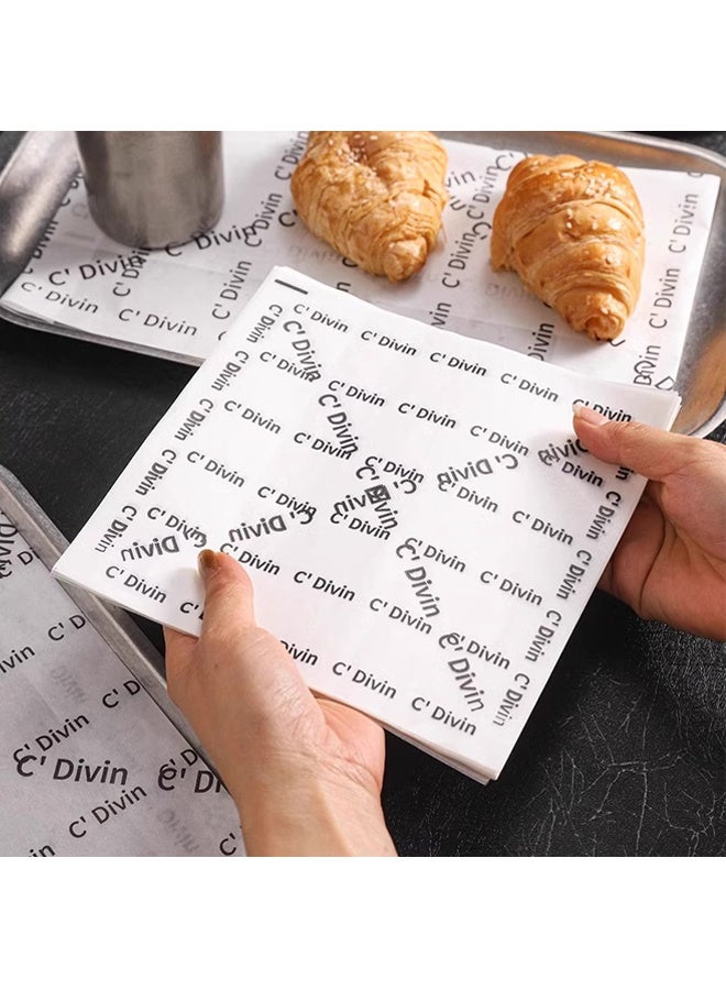 200 قطعة من ورق الشمع للطعام، بطانات سلال الطعام، أوراق تغليف مقاومة للدهون، ورق شواء، خلفية بيضاء مع نص فرنسي مطبوع. - Image 1