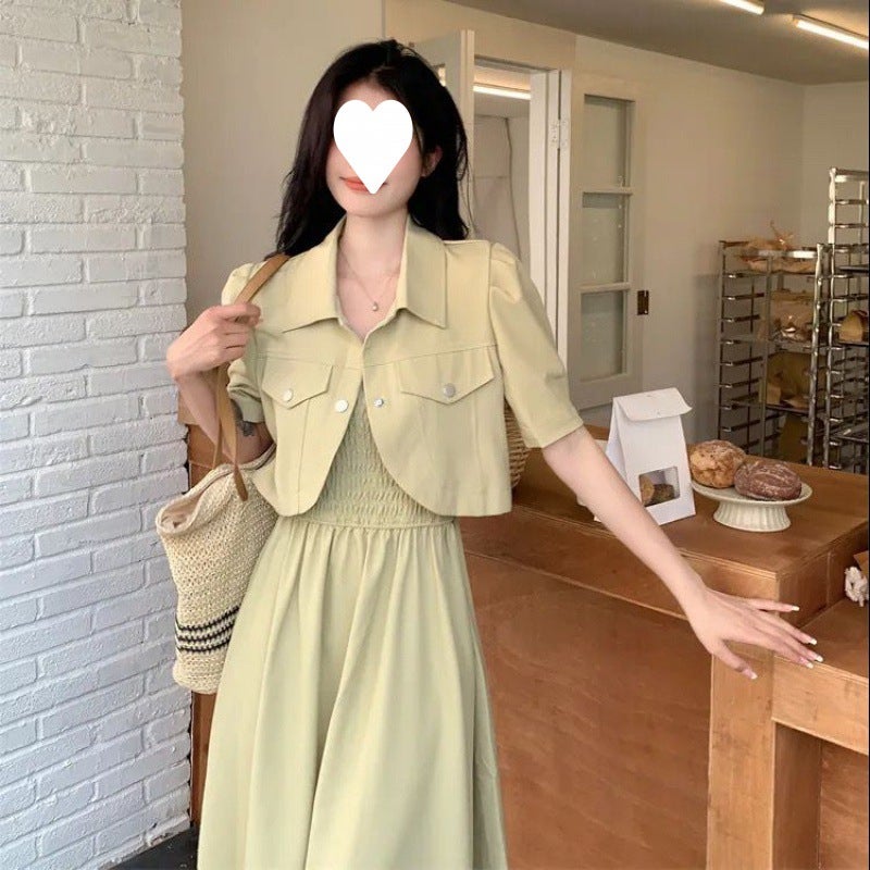 chubby girl Bubble Sleeve Jacket Sling dress Two-piece Set Womens Summer New Elegant Slim-fit Fashion suit Skirt DMJ1185 Green suit