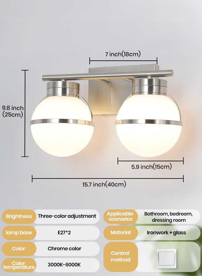 YATAI LIGHTING مصباح حائط مزدوج الكرة، ضوء زينة بلمسة كروم مصقول 2-ضوء متوافق مع LED E27، مصباح حائط قابل للتعتيم 3 ألوان للحمام، غرفة النوم، غرفة الملابس - Image 2