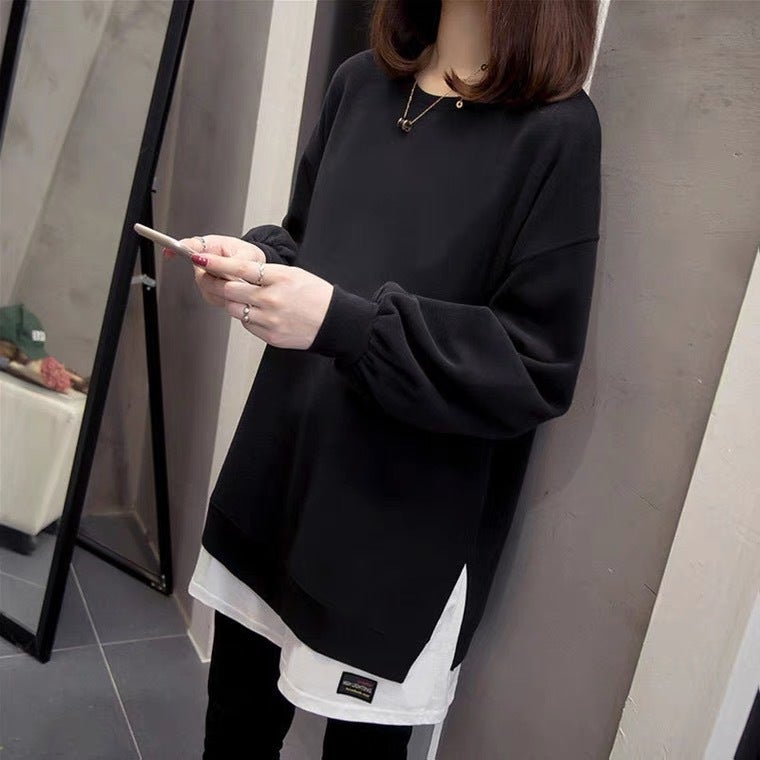 Large Size Chubby Girl Western-style Slimming Sweater Womens Loose Belly-covering Mid-length Base Shirt for Chubby Girls 2023 Spring Clothes Black - Image 4