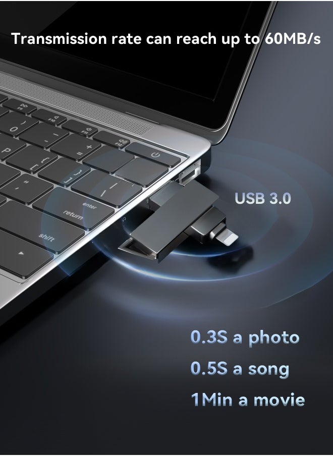 روكيو - محرك أقراص فلاش USB Lightning 2 في 1 بسعة 64 جيجابايت/128 جيجابايت، تخزين عالي السرعة، سرعة قراءة 60 ميجابايت في الثانية، سرعة كتابة 50 ميجابايت في الثانية، محرك أقراص USB 3.0 OTG عالي السرعة لأجهزة iPhone وiPad وأجهزة الكمبيوتر المحمولة وأجهزة الكمبيوتر المكتبية - Image 1