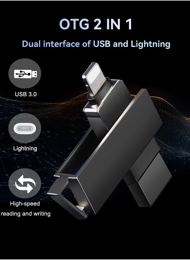 روكيو - محرك أقراص فلاش USB Lightning 2 في 1 بسعة 64 جيجابايت/128 جيجابايت، تخزين عالي السرعة، سرعة قراءة 60 ميجابايت في الثانية، سرعة كتابة 50 ميجابايت في الثانية، محرك أقراص USB 3.0 OTG عالي السرعة لأجهزة iPhone وiPad وأجهزة الكمبيوتر المحمولة وأجهزة الكمبيوتر المكتبية - Image 1
