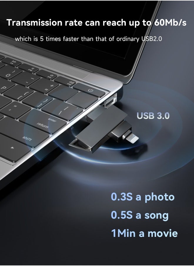 روكيو - محرك أقراص فلاش USB Lightning 2 في 1 بسعة 64 جيجابايت/128 جيجابايت، تخزين عالي السرعة، سرعة قراءة 60 ميجابايت في الثانية، سرعة كتابة 50 ميجابايت في الثانية، محرك أقراص USB 3.0 OTG عالي السرعة لأجهزة iPhone وiPad وأجهزة الكمبيوتر المحمولة وأجهزة الكمبيوتر المكتبية - Image 1