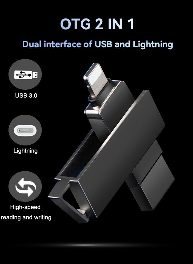 روكيو محرك أقراص فلاش USB متعدد الوظائف لأجهزة iPhone/iPad/iPod بسرعة قراءة 60 ميجابايت/ثانية وسرعة كتابة 50 ميجابايت/ثانية، مزود بمنفذي Lightning وUSB 3.0 للتخزين المزدوج، ومتوافق مع أنظمة التشغيل iOS/Android/Windows/MAC. - Image 2