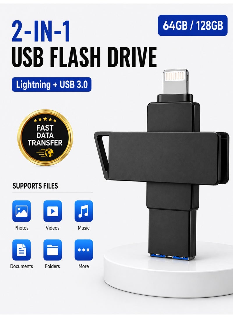 RUKYU USB Flash Drive for iPhone iPad, 64GB/128GB Lightning & USB 3.0 Memory Stick, External Storage Expansion, Photo & Video Backup, High-Speed Data Transfer for iOS, Windows & Mac - Image 1