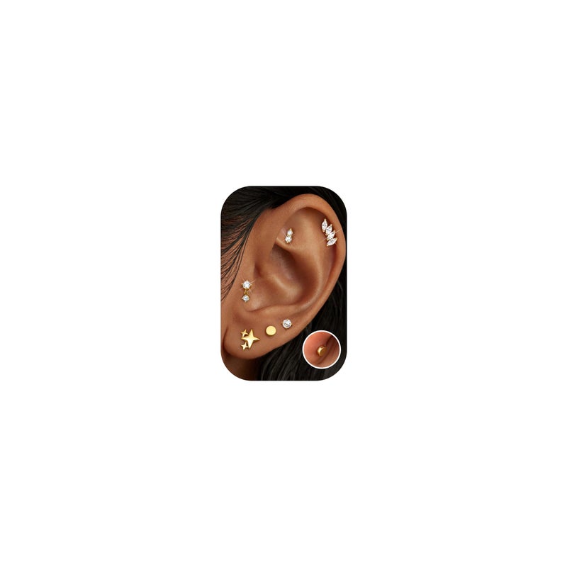 Fansilver 6 Pairs Hypoallergenic Flat Back Earrings 14K Gold Plated Stud Earrings for Women Trendy Small Cartilage Earring Stacks CZ Surgical Steel Earring Set Helix Conch Tragus Piercing Jewelry Gold 1 - Image 1