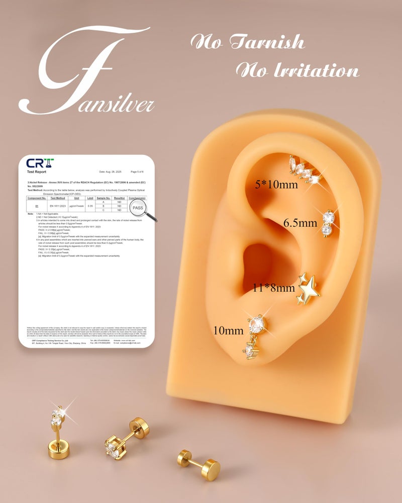 Fansilver 6 Pairs Hypoallergenic Flat Back Earrings 14K Gold Plated Stud Earrings for Women Trendy Small Cartilage Earring Stacks CZ Surgical Steel Earring Set Helix Conch Tragus Piercing Jewelry Gold 1 - Image 4