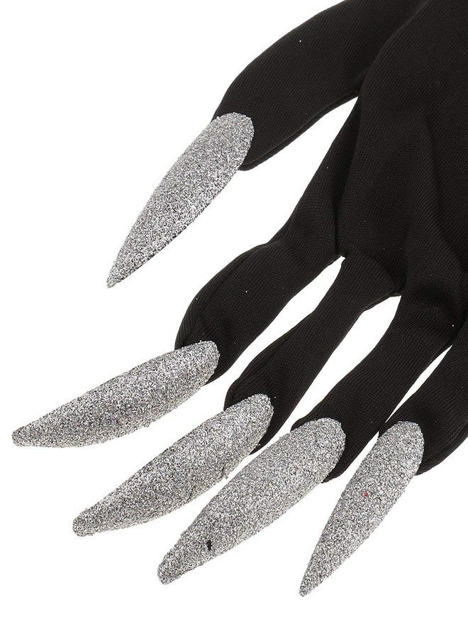 FRECI Halloween Gloves with Glitter Nails Performance Props Cosplay Costume Accessories Halloween Party Dress Supplies - Silver and Black - Image 4