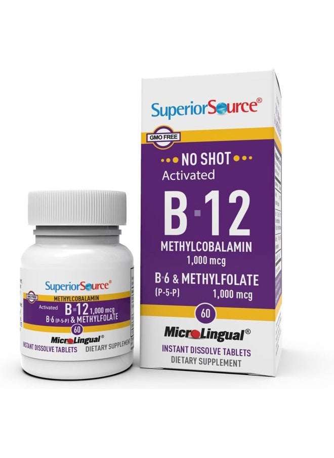 Superior Source No Shot Vitamin B-12 Methylcobalamin 1000 mcg, B-6, & Methylfolate 1000 mcg - Supports Energy, Brain, and Heart Health - Bariatric Friendly - 60 Sublingual Dissolving Tablets  - Image 1