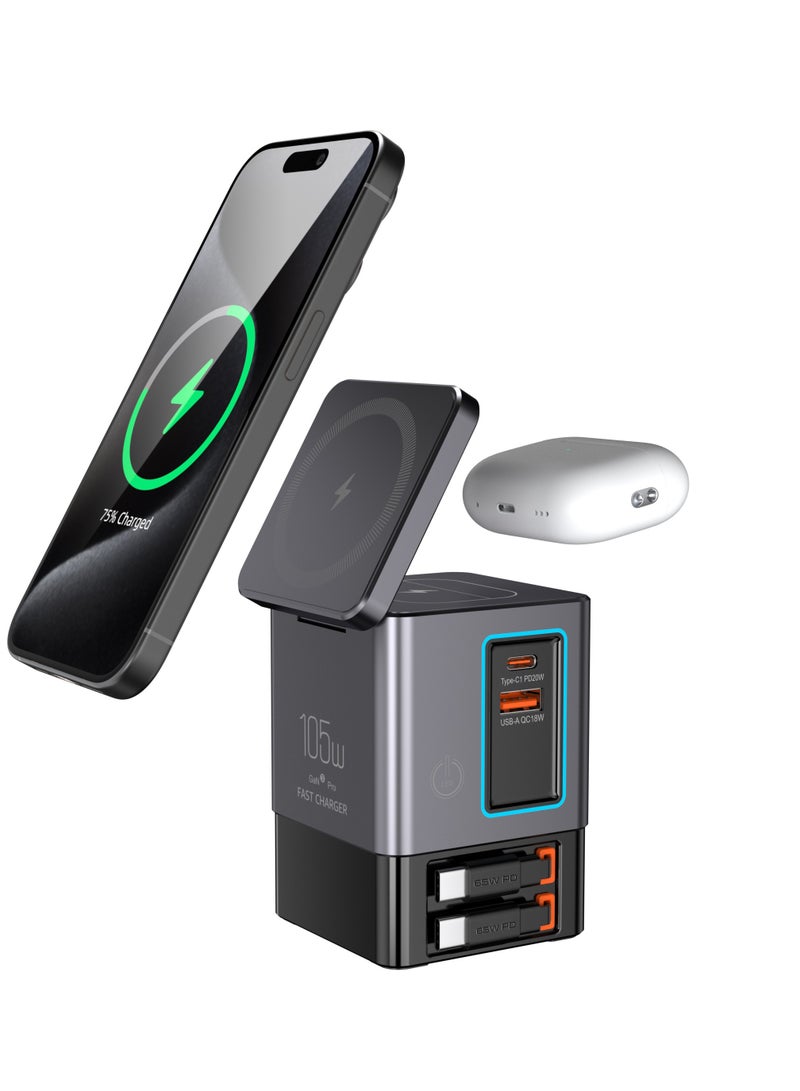 105W Black 6-in-1 GaNFast™ Charging Station Total Output, 15W MagSafe Wireless Charger, PD65W Retractable Type-C Cable, PD20W Retractable Lightning Cable, PD18W USB-A Port, AirPods Wireless Charger  - Image 2