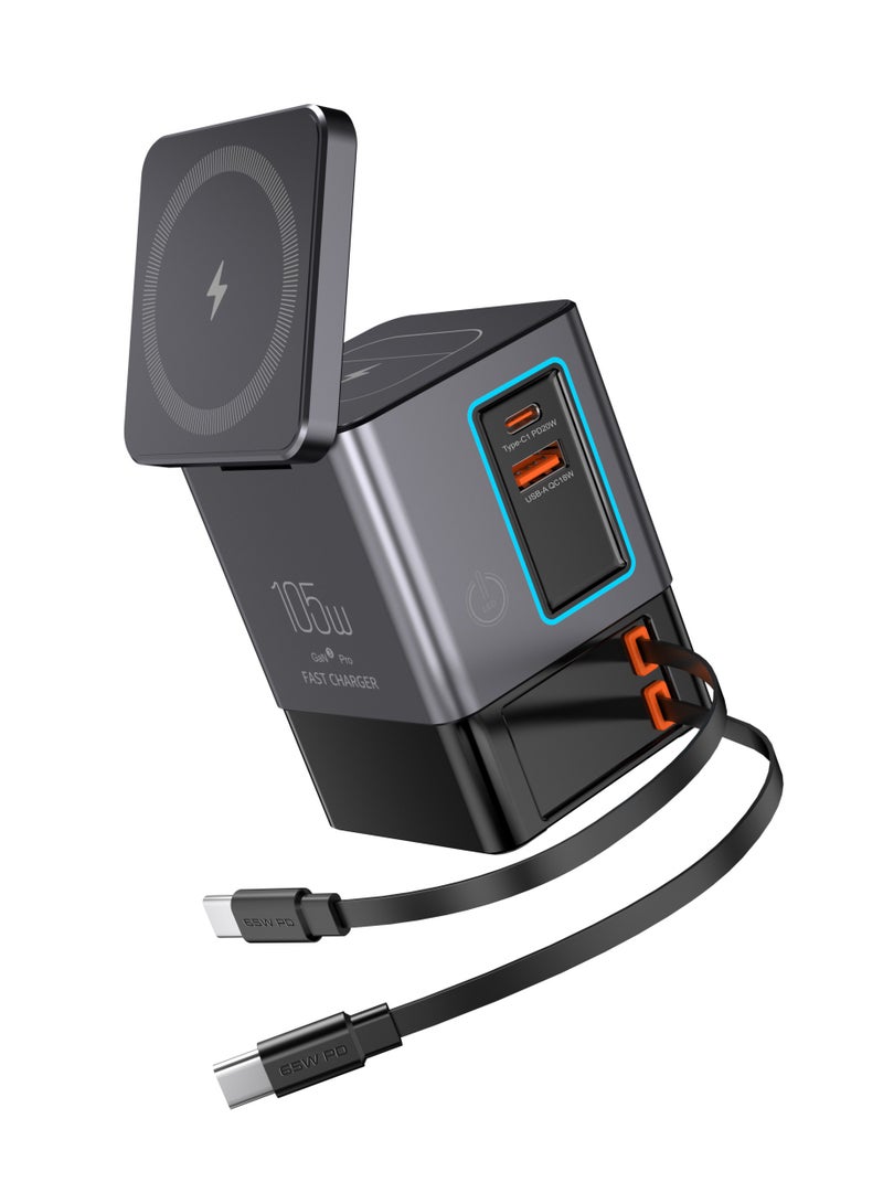 105W Black 6-in-1 GaNFast™ Charging Station Total Output, 15W MagSafe Wireless Charger, PD65W Retractable Type-C Cable, PD20W Retractable Lightning Cable, PD18W USB-A Port, AirPods Wireless Charger  - Image 5