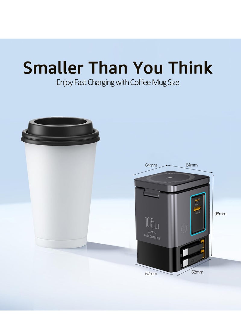 105W Black 6-in-1 GaNFast™ Charging Station Total Output, 15W MagSafe Wireless Charger, PD65W Retractable Type-C Cable, PD20W Retractable Lightning Cable, PD18W USB-A Port, AirPods Wireless Charger  - Image 3