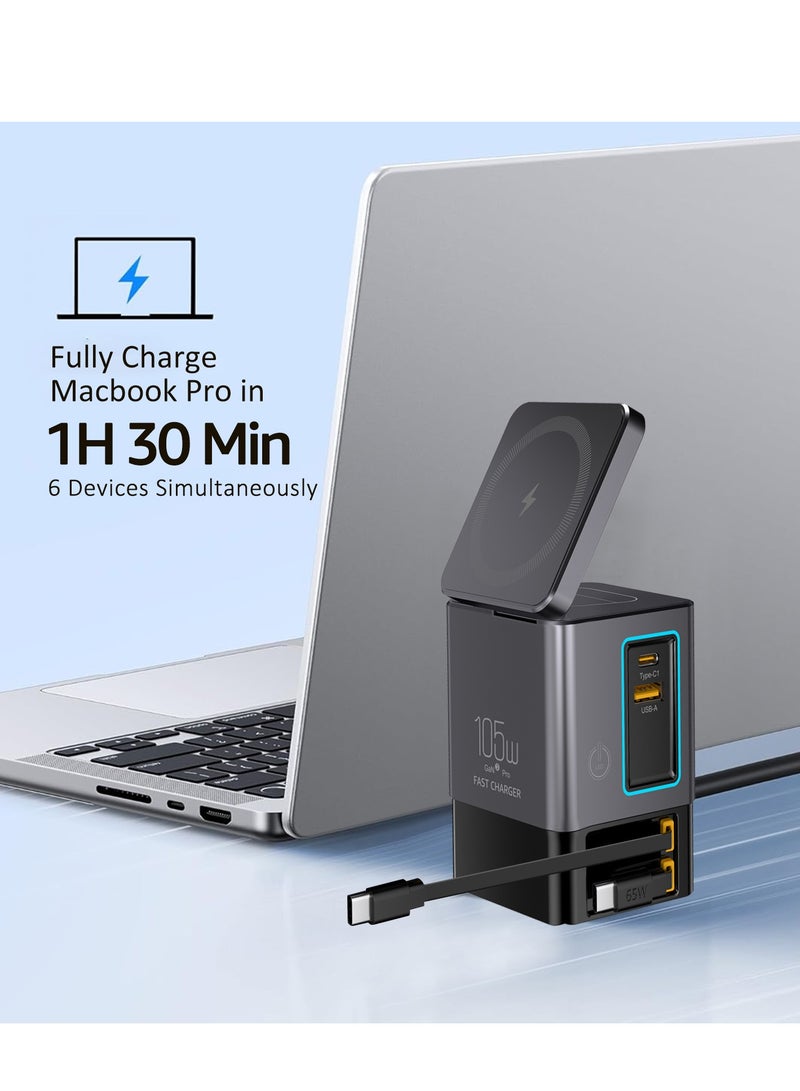 105W Black 6-in-1 GaNFast™ Charging Station Total Output, 15W MagSafe Wireless Charger, PD65W Retractable Type-C Cable, PD20W Retractable Lightning Cable, PD18W USB-A Port, AirPods Wireless Charger  - Image 4