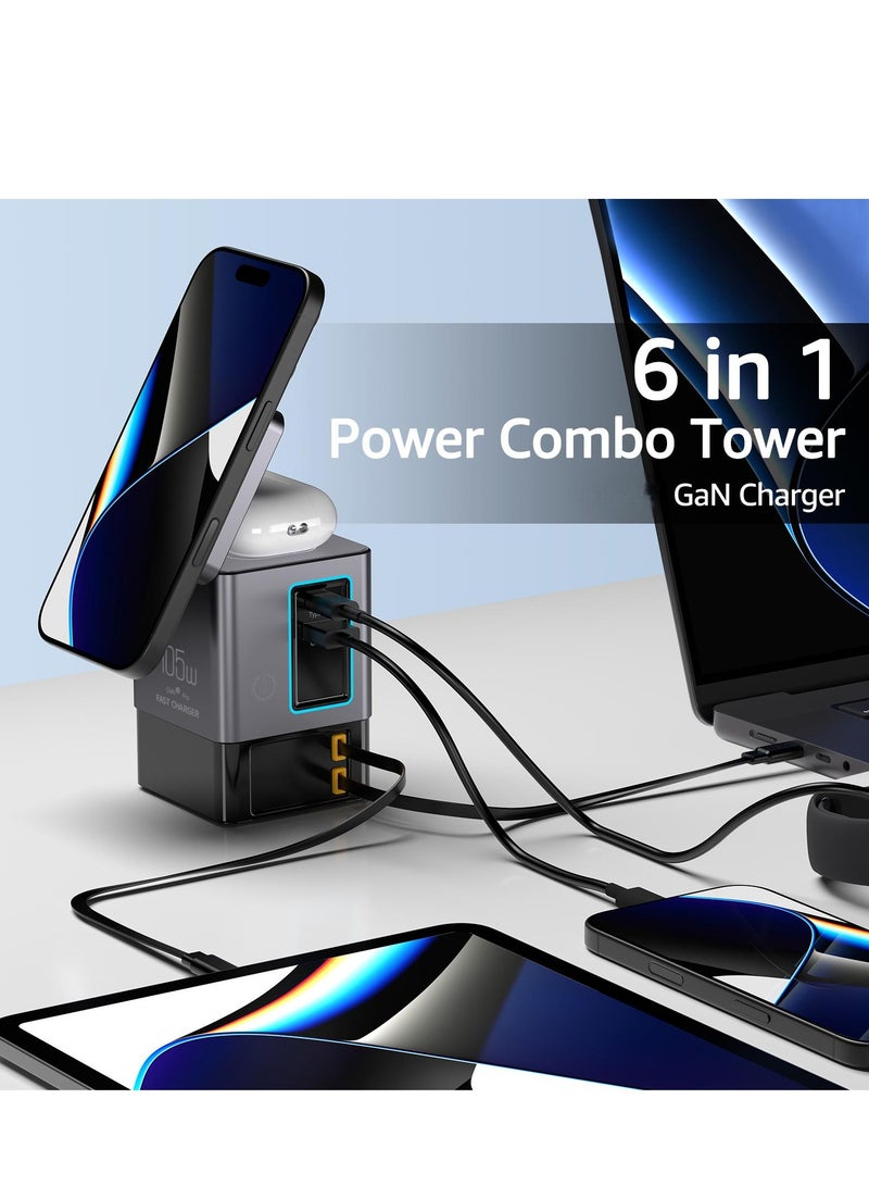 105W Black 6-in-1 GaNFast™ Charging Station Total Output, 15W MagSafe Wireless Charger, PD65W Retractable Type-C Cable, PD20W Retractable Lightning Cable, PD18W USB-A Port, AirPods Wireless Charger  - Image 1