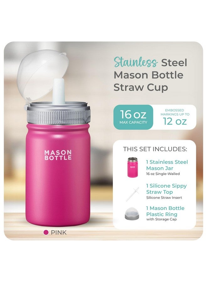 Mason Bottle Kids Mason Jar Cup with Lid and Straw - 16oz Stainless Steel Sippy Cup - BPA-Free, Spill Proof Toddler Tumbler - Regular-Mouth, Single-Wall Snack Cup, Smoothie Cup for Kids (Pink) - Image 1