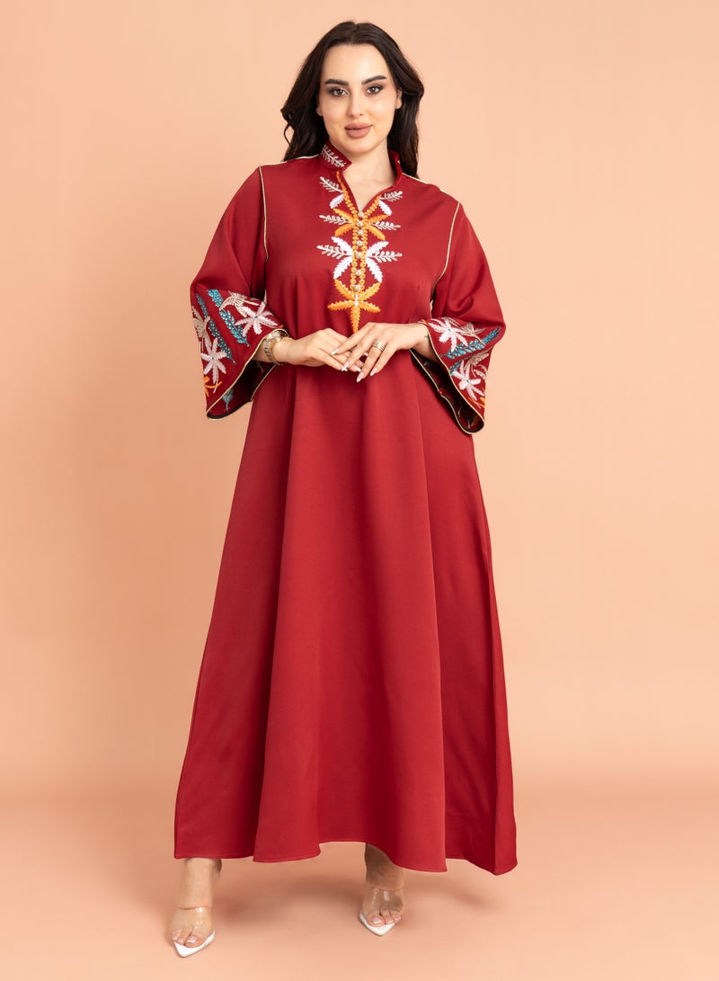 IKKXA Solid Embroidery Elegant Jalabiya IK3010 Maroon - Image 1