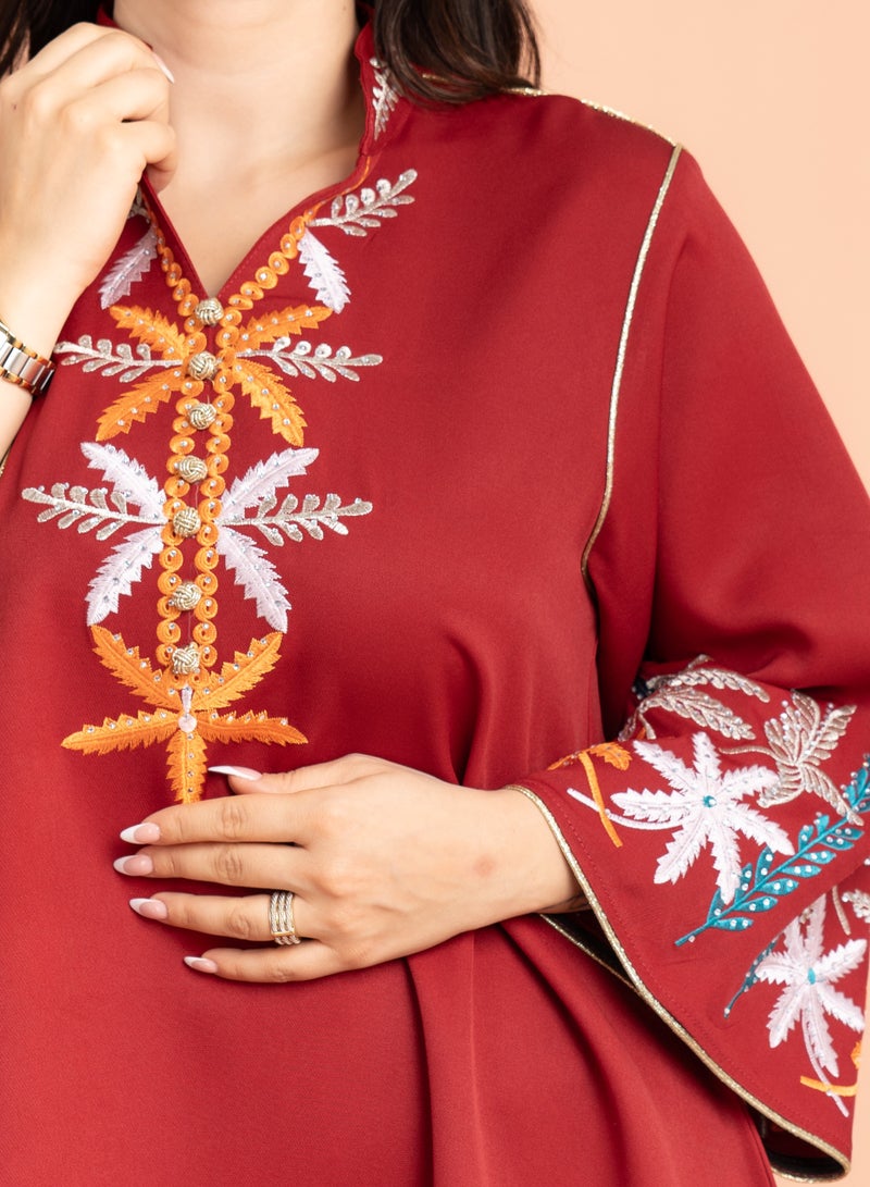 IKKXA Solid Embroidery Elegant Jalabiya IK3010 Maroon - Image 2
