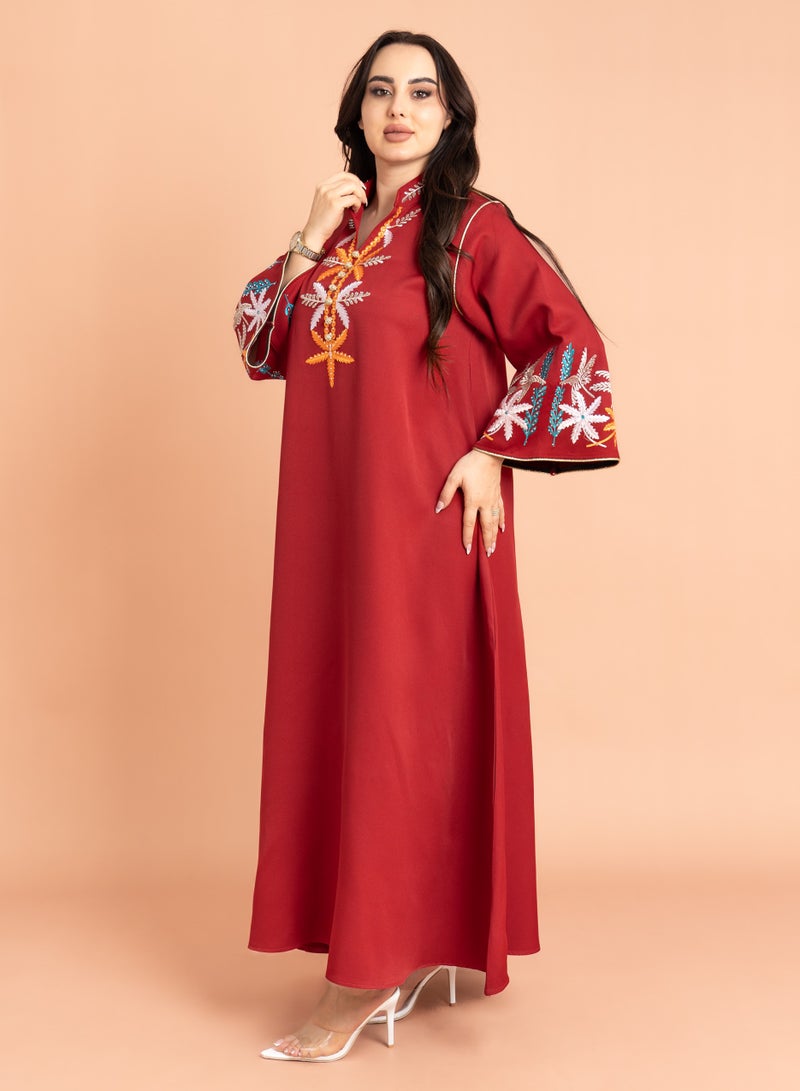 IKKXA Solid Embroidery Elegant Jalabiya IK3010 Maroon - Image 3