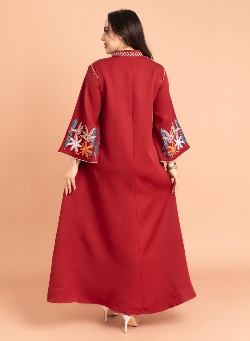 IKKXA Solid Embroidery Elegant Jalabiya IK3010 Maroon - Image 4