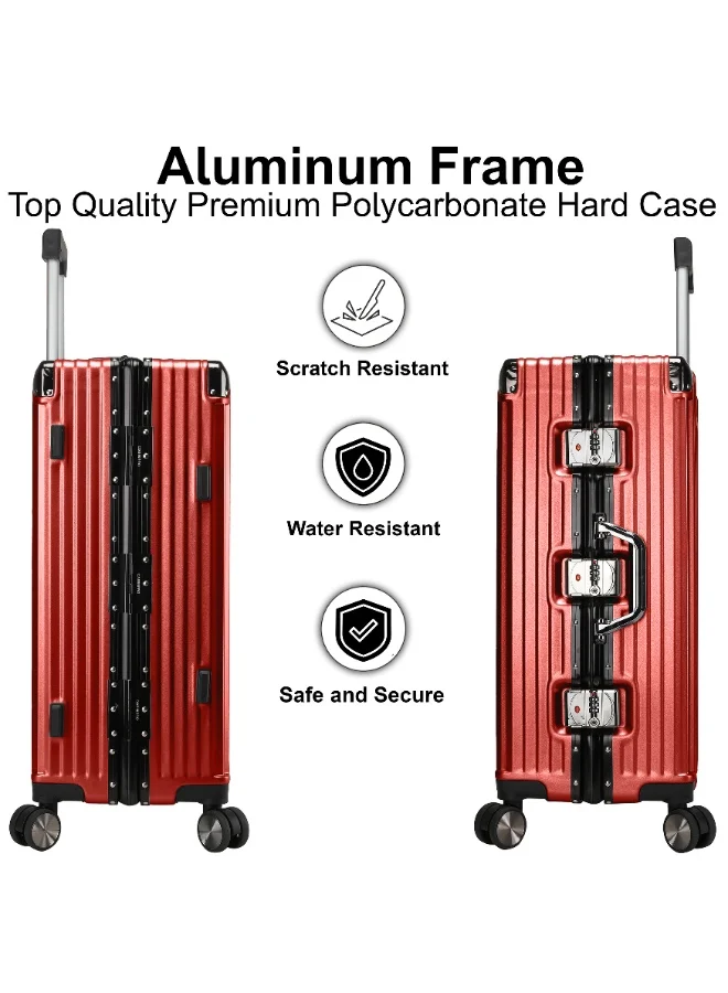 CABINPRO Lightweight Aluminum Frame Fashion Luggage Trolley Polycarbonate Hard Case Medium Checked Luggage Suitcase with 4 Quite 360 Degree Double Spinner Wheels CP001 Maroon