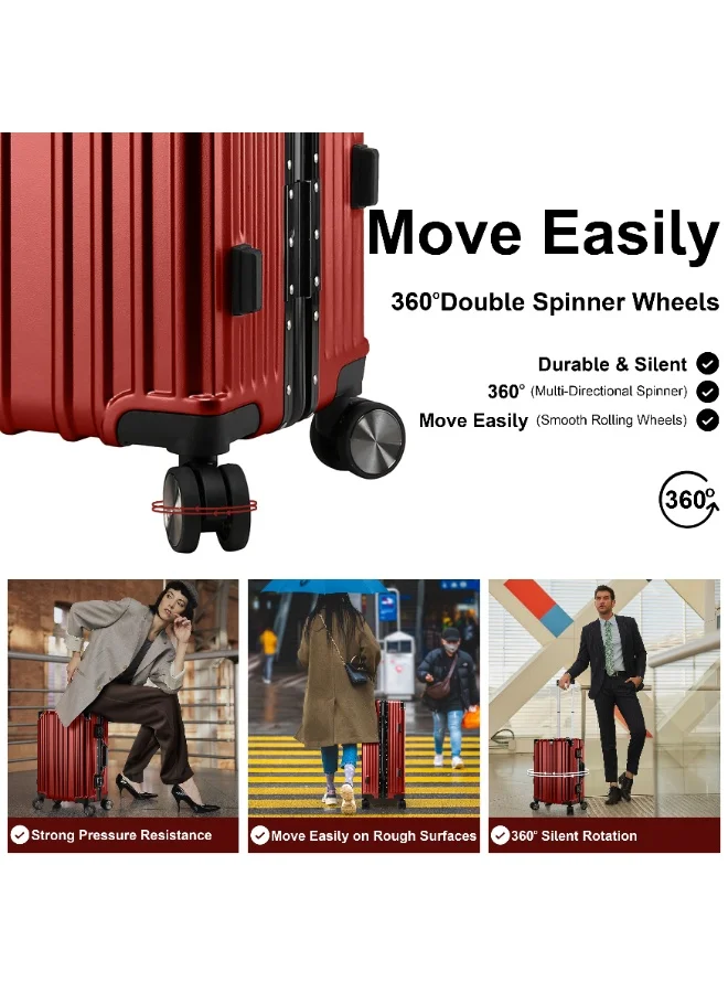 CABINPRO Lightweight Aluminum Frame Fashion Luggage Trolley Polycarbonate Hard Case Medium Checked Luggage Suitcase with 4 Quite 360 Degree Double Spinner Wheels CP001 Maroon