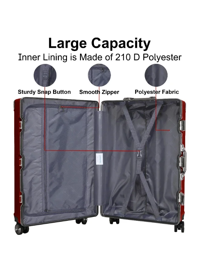 CABINPRO Lightweight Aluminum Frame Fashion Luggage Trolley Polycarbonate Hard Case Medium Checked Luggage Suitcase with 4 Quite 360 Degree Double Spinner Wheels CP001 Maroon