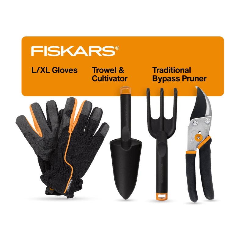 Fiskars House Plant Starter Tool Gift Set with Bypass Pruner, Trowel, Cultivator, and L/XL Garden Gloves, Accessories for Indoor Gardening (4 Piece Kit) - Image 1