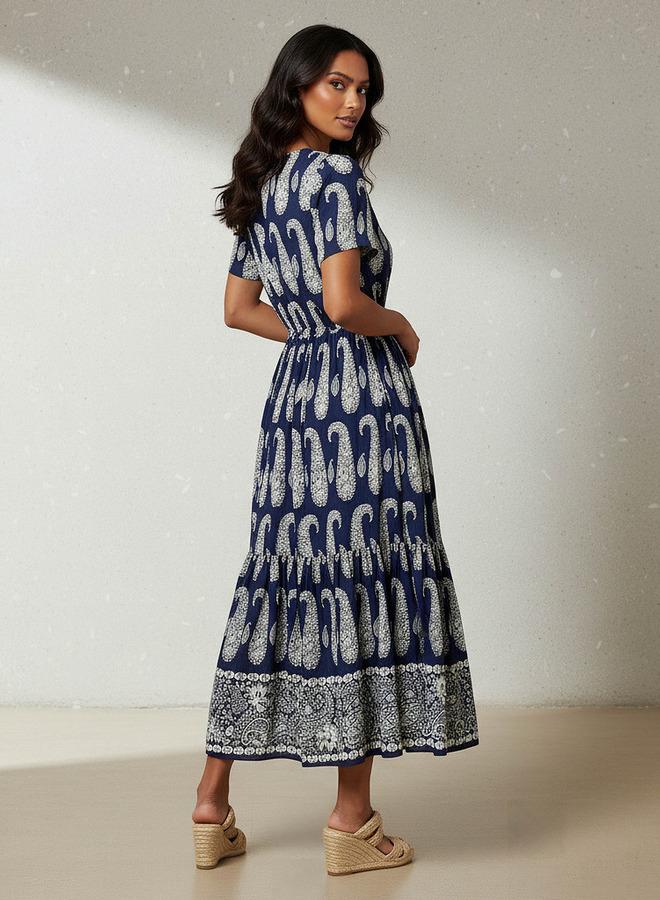 سبلاش فيڤ فستان نسائي بطبعات بيزلي وطبقات وأكمام قصيرة - Image 3