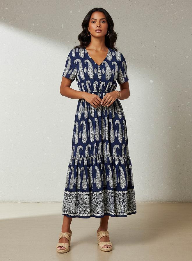 سبلاش فيڤ فستان نسائي بطبعات بيزلي وطبقات وأكمام قصيرة - Image 1